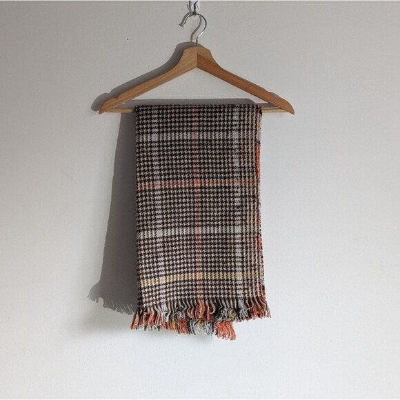Brown Orange Houndestooth Plaid Fringe Scarf Muffler - Picture 1 of 4